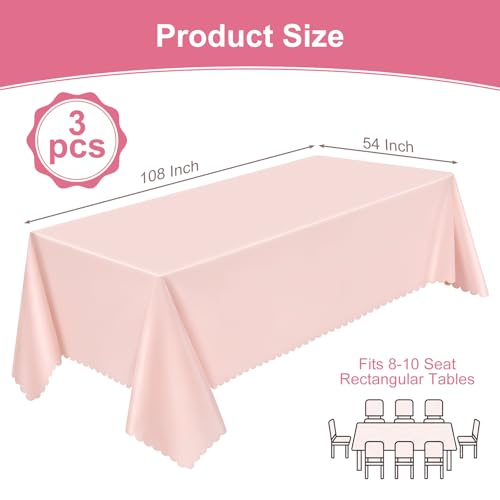 3 Pcs Light Pink Plastic Tablecloths, 54x108 Inch Scalloped Rectangle Covers