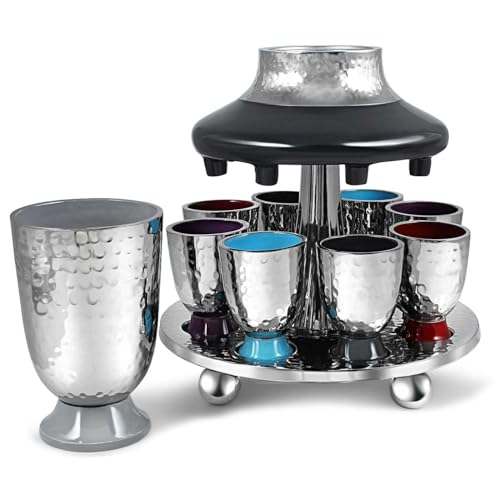 Hammered Metal Kiddush Wine Fountain Set with 8 Cups for Shabbat & Holidays