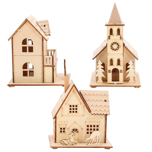 3-Piece LED Light-Up Wooden Christmas Village Houses - Holiday Decor