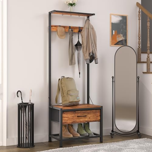 Narrow Hall Tree with Storage Bench, Coat Rack and Fabric Drawers