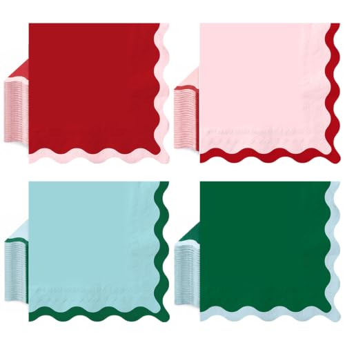 Whaline Christmas 100Pcs Scalloped Paper Napkins - Red, Green, Pink, Blue