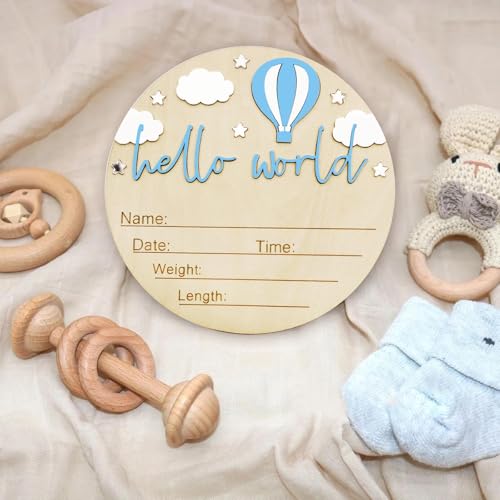 Wooden Baby Birth Announcement Sign - Hello World Newborn Keepsake