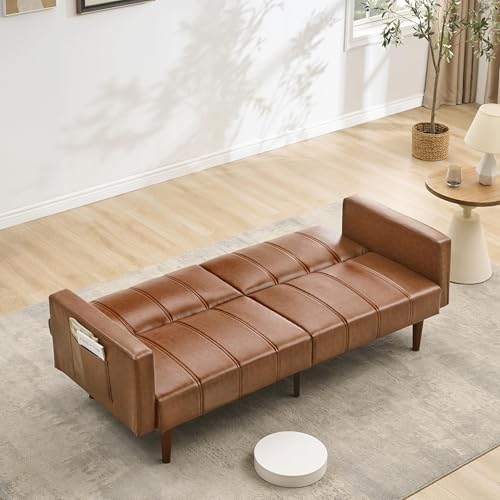 Convertible Futon Sofa Bed, 75-Inch Mid-Century PU Leather Sleeper Couch