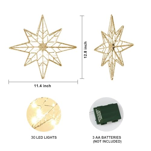 Lighted Gold Christmas Tree Topper - 11 Inch 30 LED 8-Point Star with Timer