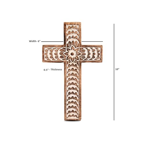 Handcrafted Mango Wood Floral Cross Wall Decor, 10-Inch Religious Art