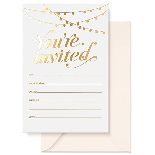 25 Gold Foil Party Invitations with Envelopes, 4x6 Premium Cardstock Cards