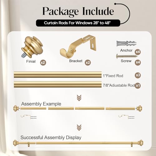 Heavy Duty Gold Curtain Rod (28-48 Inches) - 1 Inch Adjustable Drapery Rod