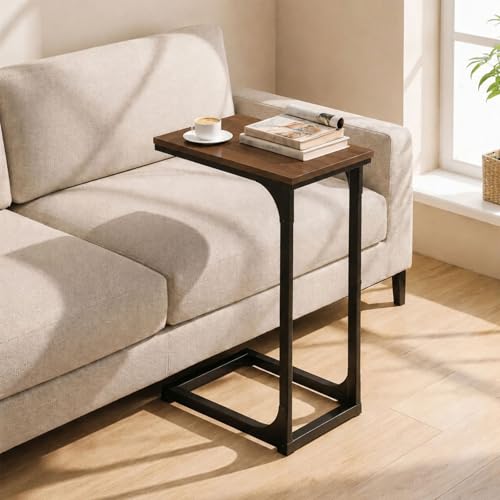 TEMI C Shaped End Table for Couch - Rustic Walnut, No Power Outlets, Space-Saving Side Table for Living Room or Bedroom - Set of 1