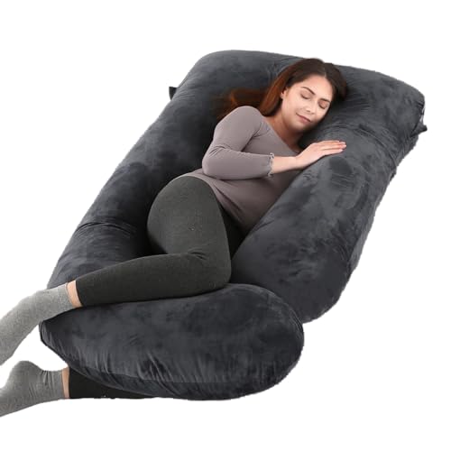 ALLOPERA 57-Inch U-Shaped Pregnancy Pillow, Full Body Maternity Pillow with Adjustable Fill and Washable Cover, Black Grey