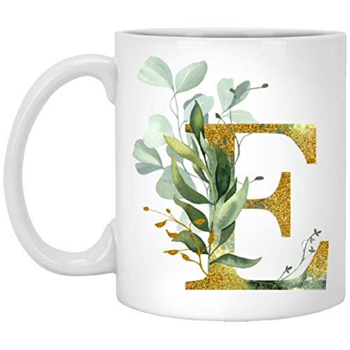 Moon9xx 11oz Gold Shimmer Floral Letter E Coffee Mug - Monogram Tea Cup for Her, Birthday, Christmas, Mother's Day