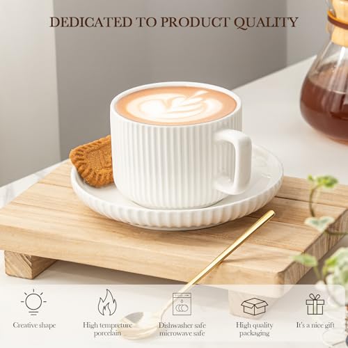 AYUCIA White Cream 8oz Cappuccino Cups Set of 4 with Saucers & Spoons