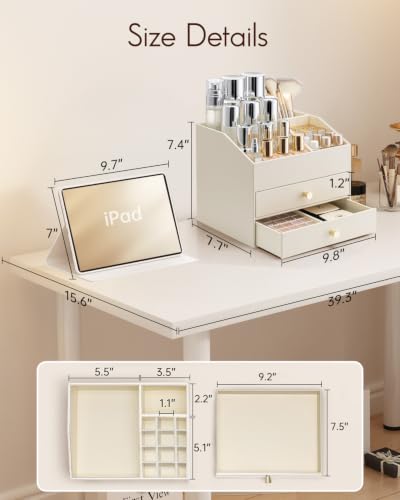 VLANDO Beige 3-Layer Makeup Organizer with 2 Large Drawers & Removable Lipstick Holder