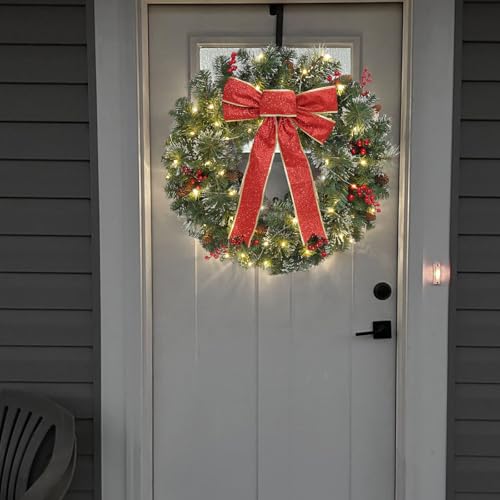 DiliComing 24 Inch Pre-Lit Christmas Wreath with White Lights for Front Door, Outdoor Decor