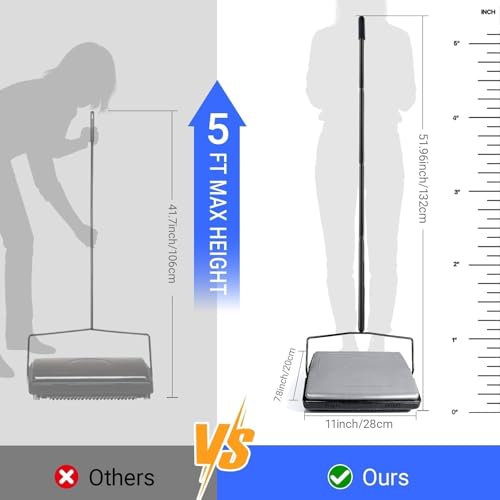 Manual Carpet Sweeper with Natural Pig-Bristle Roller Brush
