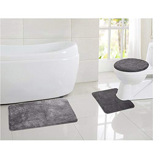 3-Piece Soft Bathroom Rug Set - Non-Slip Absorbent Bath Mat and Toilet Cover