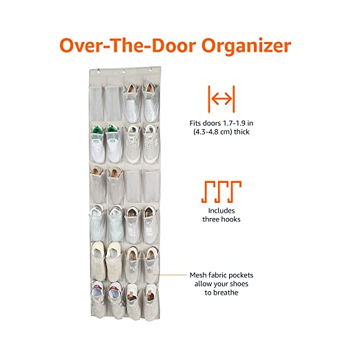 Amazon Basics Over-the-Door Shoe Organizer, 24 Mesh Pockets, Light Grey