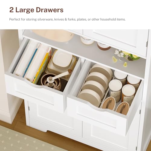 Tall Kitchen Pantry Cabinet with Adjustable Shelves and 2 Drawers, White