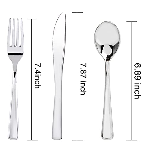 WDF Silver Plastic Silverware Set 300 Pieces - Heavy Duty Disposable Cutlery for Party & Wedding - Modern Silver
