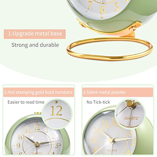 Silent Retro Analog Desk Alarm Clock with Night Light for Bedside - Green