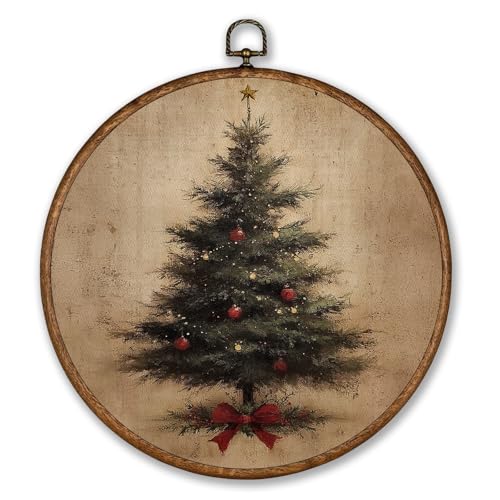Voxitura Vintage Winter Christmas Tree Wall Art Round Framed - Coquette Bow 10x10in (Tree Bow Variation)