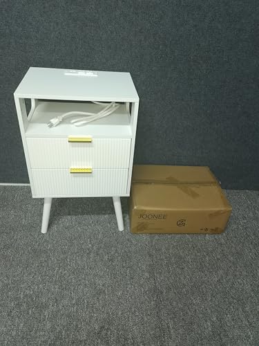 Modern White Nightstand with Charging Station, 2 Drawers and LED Lights