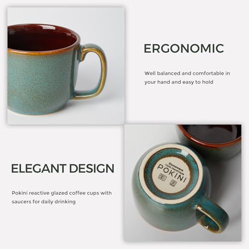 Pokini Sage Green Stoneware Coffee Cups & Saucers Set of 4, Espresso Mug Set
