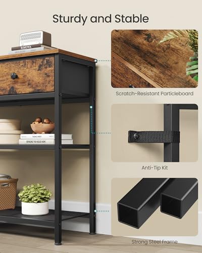 Rustic Narrow Console Table with 3 Fabric Drawers and 2 Mesh Shelves