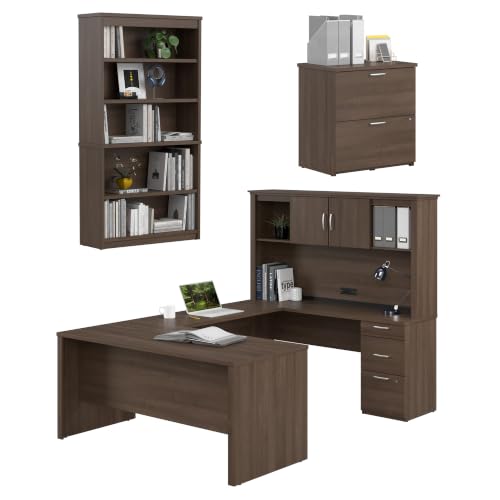 Bestar Logan U-Shaped Office Desk Bundle with Hutch, File Cabinet & Bookcase