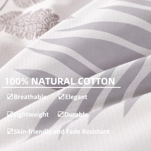 100% Cotton King Duvet Cover Set - 3-Piece Blue Leaf Bedding with Zipper & Ties
