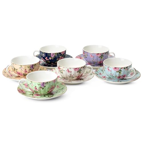 Midnight Florals Porcelain Tea Cups & Saucers Set of 6 - 7 oz, Brew To A Tea