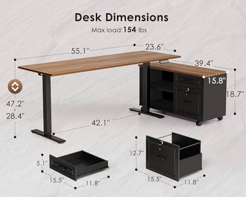 55" L-Shaped Electric Standing Desk with Mobile File Cabinet Storage