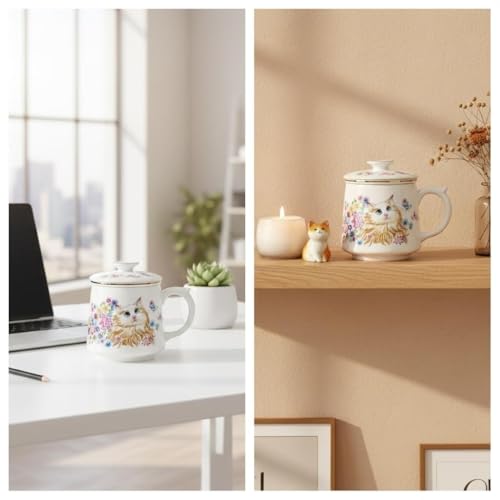 HAFTOLYR Ceramic Tea Mug with Infuser & Lid, 400ml Colorful Porcelain Cup
