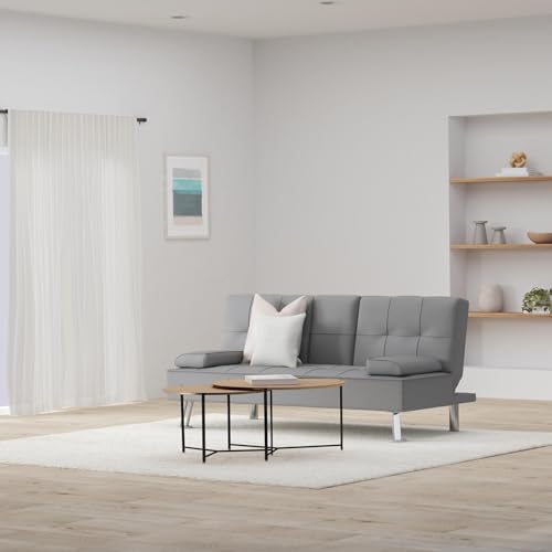 Modern Linen Convertible Sofa Bed with Cupholders and Removable Armrests