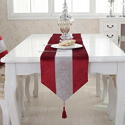 Red Sequin Rhinestone Table Runner 13x72 Inches with Tassels for Weddings & Holidays