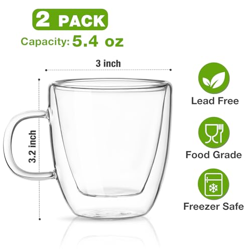Mfacoy Double Wall Glass Espresso Cups Set of 2 - 5.4 oz Coffee Shots with Handle