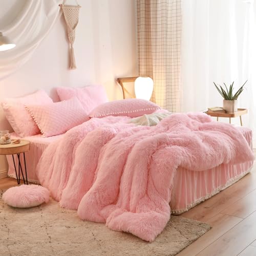 Fluffy Pink Faux Fur Duvet Cover Set - 3-Piece Queen Shaggy Bedding