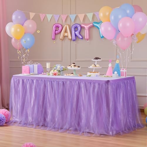 Purple Tulle Ruffle Table Skirt, 6ft Shimmer Tutu for Party & Desk Decor