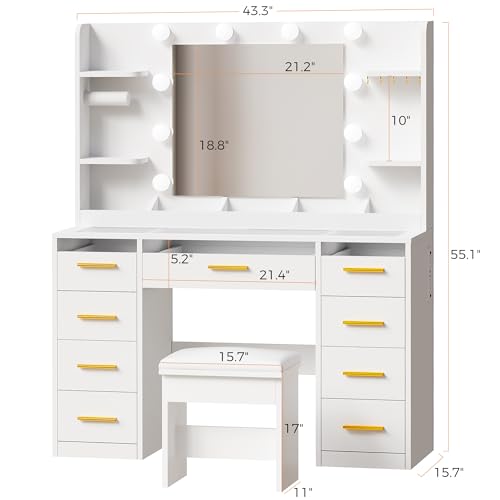 Large Vanity Desk with Mirror, RGB LED Lights, Glass Top and 9 Drawers