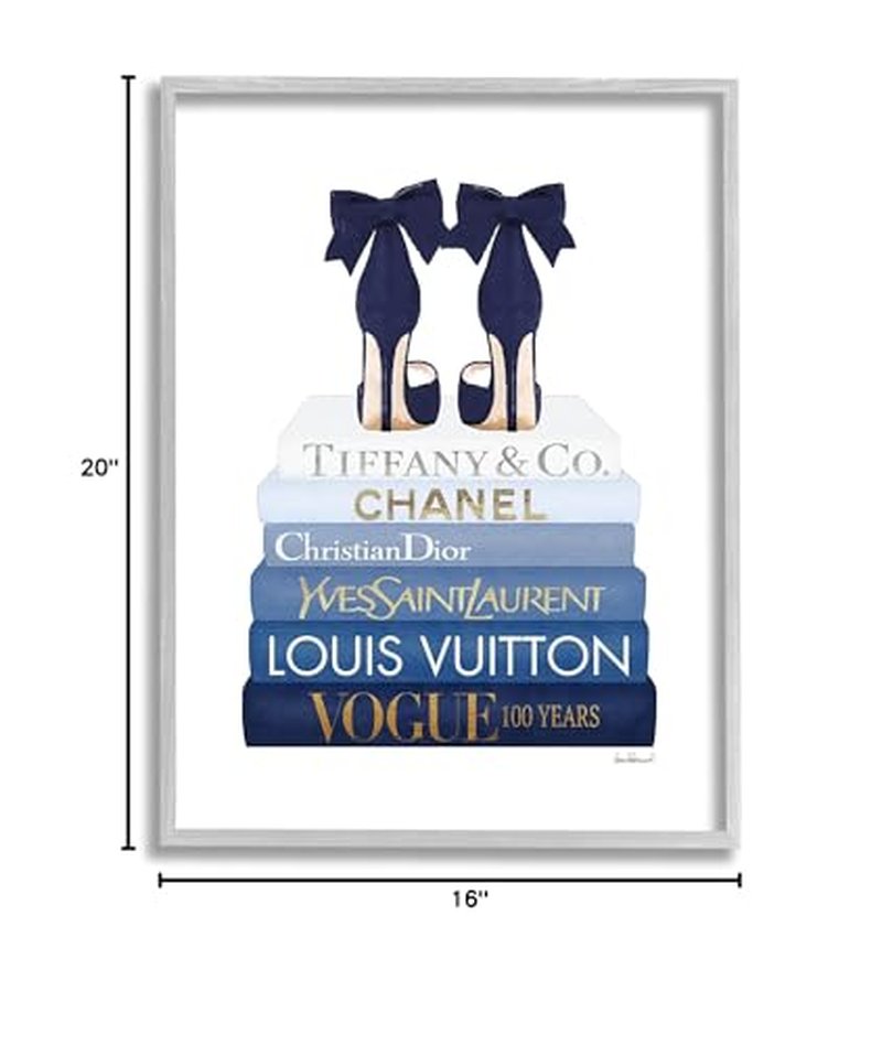 Stupell Industries 'Navy Blue Heels Chic Bookstack', Framed Giclee Art, Gray, 16 x 20 Inches, Easy to Hang and Sturdy, Made in USA, by Amanda Greenwood