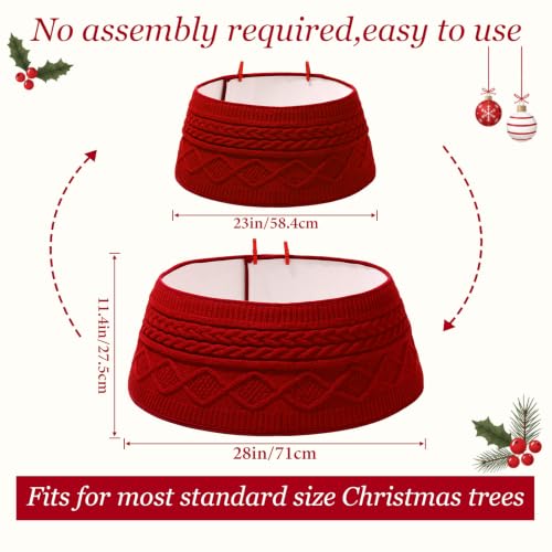 UXORSN 28 Inch Red Knitted Christmas Tree Collar Rustic Cable Knit Tree Skirt