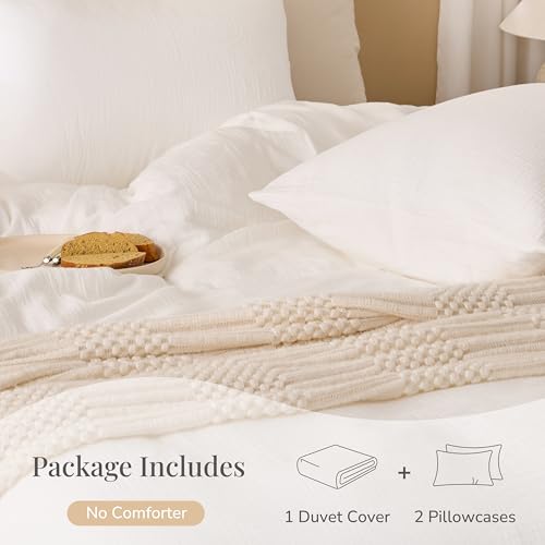 Off-White Queen Duvet Cover Set - 100% Sandwashed Cotton 3-Piece Bedding