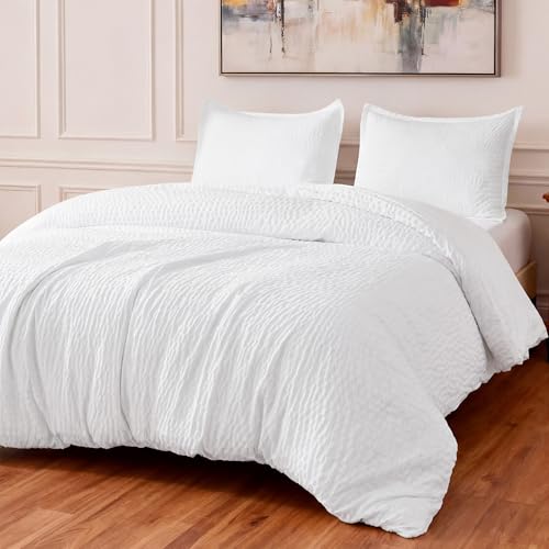Jacquard Geometric 3-Piece Queen Duvet Cover Set with Pillow Shams - White