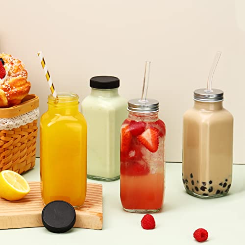 16oz Square Glass Juice Bottles with Lids and Straws - 10 Piece Set