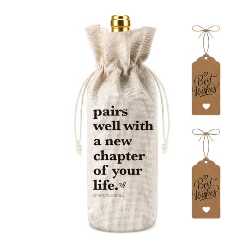 New Chapter Burlap Wine Gift Bag with Drawstring for Farewell & Retirement