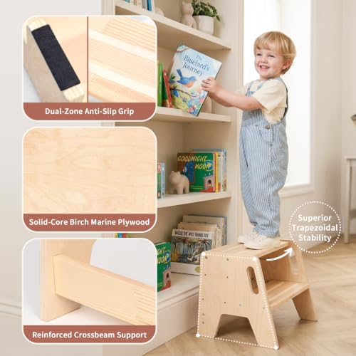 3-Height Adjustable Toddler Step Stool, Wooden Kids Kitchen Helper