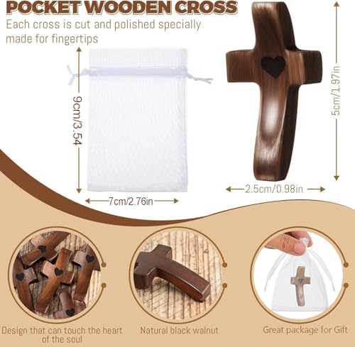 10-Piece Handmade Walnut Wooden Prayer Crosses with Organza Bags