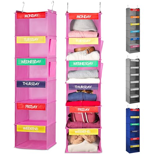 Weekly Hanging Closet Organizer for Kids with Bamboo Shelves, Pink