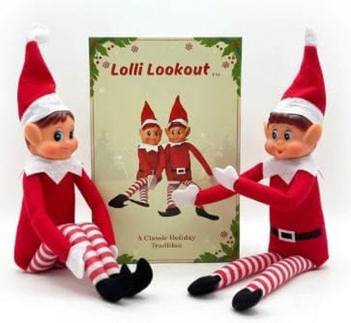 Lolli Lookout™ Christmas Elf Pair - Classic Plush Figurines | 14 Inch Red Holiday Shelf Sitters for Mantel Decor