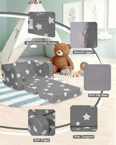 Toddler Fold-Out Couch, 2-in-1 Convertible Kids Sofa and Lounger, Gray