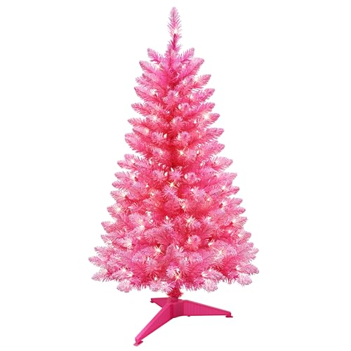 Pink Artificial Christmas Tree 4ft Pre-Lit with 150 Clear Lights and Dense Branch Tips - Puleo International